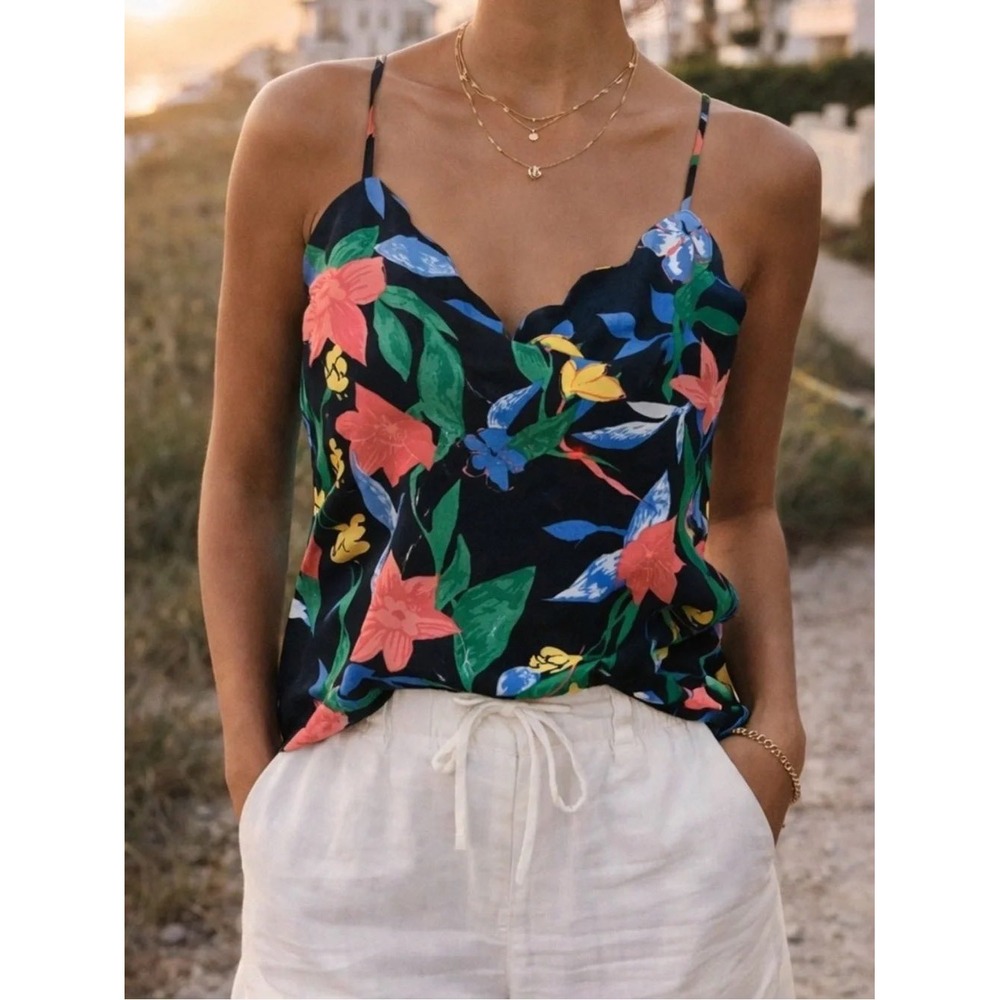 J.Crew Scalloped Floral Camisole Top Navy Blue Tropical Print Size 10 Resort